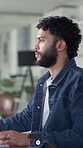 Business, man and typing on keyboard in office for email feedback, proofreading and editing article. Male person, journalist and reading for magazine project, review information and story publication