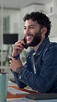 Phone call, negotiation and man in office with networking for client approval on project. Contact, cellphone and male creative director on mobile discussion for business communication in workplace.