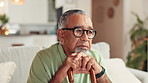 Senior man, thinking and cane with depression, nursing home and mental health with retirement and anxiety. Elderly person, walking stick or pensioner with regret, memory or sad with nostalgia or loss
