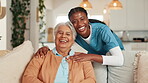 Face, funny or healthcare with nurse and old woman on sofa in living room of retirement home. Laughing, medical or visit with caregiver and senior patient in apartment for appointment or checkup