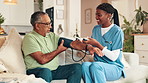 Nurse, senior man and check blood pressure in home for cardiovascular health, wellness and measure heart rate. Caregiver, cuff and medical test for hypertension, exam and monitor pulse in retirement