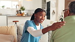 Nurse, home and old man with support, compassion and conversation with diagnosis. Senior patient, medical or professional in lounge, hand or smile with retirement, discussion or kindness with help