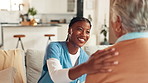 Nurse, home and senior woman with support, compassion and conversation with wellness. Old patient, medical or professional in lounge, empathy or smile with retirement, volunteer or kindness with hand