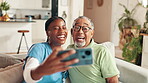 Face, laughing and selfie of nurse with old man on sofa in living room of retirement home. Memory, photograph or social media with happy caregiver and senior patient in apartment for profile picture