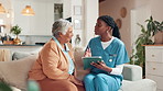Senior woman, caregiver and checkup with tablet for healthcare, information and medical report. Elderly person, nurse and discussion with digital, diagnosis results and explaining treatment at house