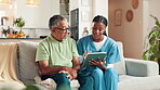 Healthcare, senior man and nurse with tablet, discussion and woman with info for health assessment. Communication, elderly patient and caregiver with medical report, tech and people in nursing home