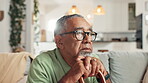 Senior man, thinking and walking stick with depression, nursing home and mental health with retirement and anxiety. Elderly person, cane or pensioner with regret, memory or sad with nostalgia or loss
