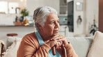 Senior woman, thinking and cane with depression, nursing home and mental health with retirement and anxiety. Elderly person, walking stick or pensioner with regret, memory or sad nostalgia with loss