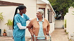 Outdoor, nurse and old woman with walker at retirement home for mobility support, rehabilitation and exercise. Recovery, caregiver and senior person with walking guidance for balance and helping hand