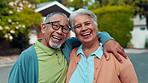 Face, hug and senior couple with smile, outdoor and romance for elderly people, commitment and love. Laughing, old man and bonding with woman, relationship and happy for retirement, care or Canada