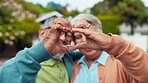 Face, heart and senior couple with gesture, outdoor and romance for elderly people, commitment and love. Smile, old man and bonding with woman, relationship and happy for retirement, care or Canada