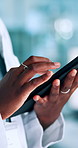 Hands, scientist and woman with tablet, research and digital app for experiment feedback. Closeup, employee and expert in lab, tech or website info for drug trial results and email for vaccine report