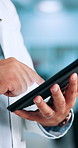 Person, hands and scientist with tablet for medical research, scientific data or results at laboratory. Closeup, science and health worker with technology for new discovery, healthcare app or exam