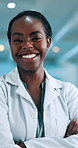 Happy, black woman or scientist with confidence at laboratory for medical, research or development. Portrait, female person or health professional with smile or arms crossed for career in science