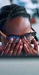 Tired, black woman and programmer with eye strain for overworked, pressure or project deadline. Female person, developer or coding with poor vision for problem solving, algorithm or stress at office