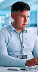 Computer, keyboard and typing with business man at desk in office for online report or research. Internet, planning and reading with employee in professional workplace for administration or feedback