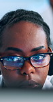 Computer, glasses and black woman developer with code, programming or web design. Desktop, face and website development with African employee in workplace for administration, reading and network