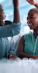 Happy women, scientist and high five with tablet for winning, success or new discovery at laboratory. Female people, health workers or excited employees with smile for team breakthrough or results