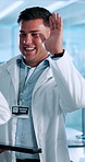 Happy man, scientist and high five with tablet for success, scientific breathrough or results at lab. Excited, male person or team with smile for science exam, winning or new discovery together