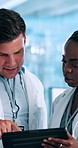 People, scientist and research with tablet for results, scientific analysis or project discussion at lab. Man, woman or group of health workers with technology for exam, test or science discovery