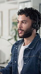 Call center, headset and business man in office for lead generation, customer service and contact us. Help desk consultant, communication and advisory with person in agency for inbound agent