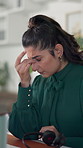 Call center, stress and woman with pain of headache for difficult client, sales pressure or overworked. Telemarketing, consultant and tension migraine for lead generation, burnout or workload fatigue