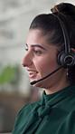 Headset, woman and assistant in office for communication, contact us or help desk. Technology, customer service and female secretary talking with online discussion for client support in workplace.