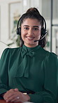 Headset, woman and face of secretary in office for communication, contact us or help desk. Technology, portrait and female assistant talking with online discussion for client support in workplace.