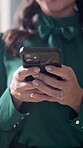 Business woman, hands and typing with smartphone in office for client chat, email response and networking. Communication, employee and phone for text message, internet research and online feedback
