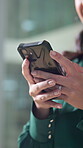 Business woman, hands and typing with phone in office for client chat, email response and networking. Communication, employee and smartphone for text message, internet research and online feedback