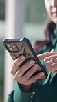 Business woman, hands or scroll with phone in office for stock market research, economy news or check schedule. Professional, trader or smartphone for trading account, internet browsing or networking
