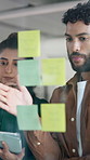 Planning, thinking and business people by glass with idea for brainstorming, strategy and project schedule. Creative agency, tablet and workers with sticky notes for meeting, research and teamwork
