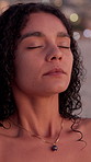 Woman, eyes closed and breathing with yoga at beach, sunset or outdoor at dusk on vacation with zen mindfulness. Girl, break and peace with meditation, awareness and holiday at twilight in Costa Rica