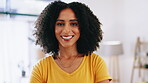 Face, smile and time off with woman in living room of new home for morning or weekend break. Afro, happy and relax with homeowner in apartment for property or real estate investment and mortgage