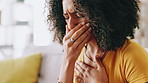 Home, sick and woman on sofa, cough and illness with chest pain in living room. Apartment, tuberculosis and person on couch, cold and allergy with asthma, covid and sore throat with virus infection