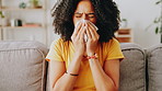 Home, tissue and woman with sneeze, sick and tired with allergy, hayfever and cold. Apartment, toilet paper and person on sofa, blowing nose or infection with symptoms, disease or pneumonia in lounge