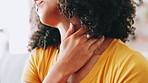 Home, hands and woman with neck pain, tired and joint injury with stress, muscle tension and bruise. Closeup, apartment and person on sofa, sore and ache with bad posture, osteoporosis and fatigue