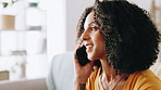 Phone call, happy and African woman in home on sofa for contact, communication and social networking. Living room, apartment and person on smartphone for connection, talking and chatting online