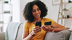 Woman, phone and smile with credit card on sofa for online shopping sale, banking purchase and transaction discount. African person, relax or happy with smartphone for digital payment or deal in home