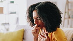 Home, sick and woman with cough, chest pain and illness with virus infection in living room. Apartment, tuberculosis and person on sofa, cold and allergy with asthma, covid and sore throat with fever