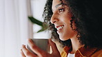 Coffee, smile and thinking with woman in home for morning contemplation, relax or wellness. Aroma, cup and peaceful with happy person drinking fresh caffeine beverage in apartment for time off