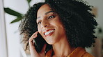 Phone call, laughing and African woman in home for contact, communication and social networking. Living room, apartment and happy person on smartphone for connection, talking and chatting online