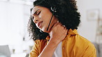 Woman, consultant and neck pain in office with headset, burnout and massage muscle for relief. Virtual assistant, African person and back injury in agency with bad posture, frustrated and overworked
