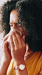 Tissue, home and woman with sneeze, sick and hayfever with cold, unhealthy and allergy. Apartment, clean nose and person with virus, tired and illness with infection, disease and frustrated in lounge