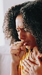 Asthma, coughing or sickness and woman in home with symptoms of chest or respiratory problems. Allergy, lungs or viral infection and unhealthy person in apartment with cold, influenza or pneumonia