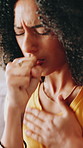 Asthma, coughing or viral infection and woman in home with symptoms of chest or respiratory problems. Allergy, lungs or sickness and unhealthy person in apartment with cold, influenza or pneumonia