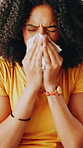 Tissue, home and woman with sneeze, cold and hayfever with illness, unhealthy and allergy. Apartment, clean nose and person with virus, tired and sick with infection, disease and frustrated in lounge