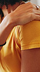 Hands, posture and shoulder pain with person on sofa in living room of home for injury or massage. Accident, joint and muscle fatigue with woman closeup in apartment for inflammation or recovery