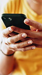 Hands, person and typing with phone at house for communication, social media and texting message. Closeup, woman and mobile with internet search, online information and reading for chat notification 