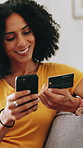 Credit card, ecommerce and phone with woman on sofa in living room of home for online shopping. App, purchase and smile of happy customer in apartment for buying, mobile transaction or payment